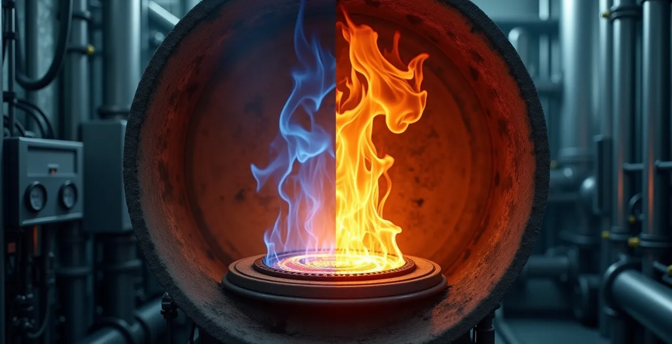 Vue en coupe d'un four industriel montrant les modifications pour l'adaptation à l'hydrogène