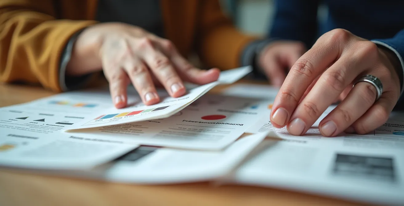 Professionnel analysant ses compétences avec des documents de travail sur un bureau