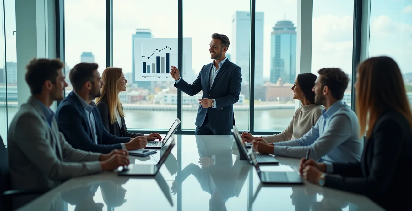 Salle de conseil moderne avec vue sur le fleuve Saint-Laurent, représentant la gouvernance inclusive