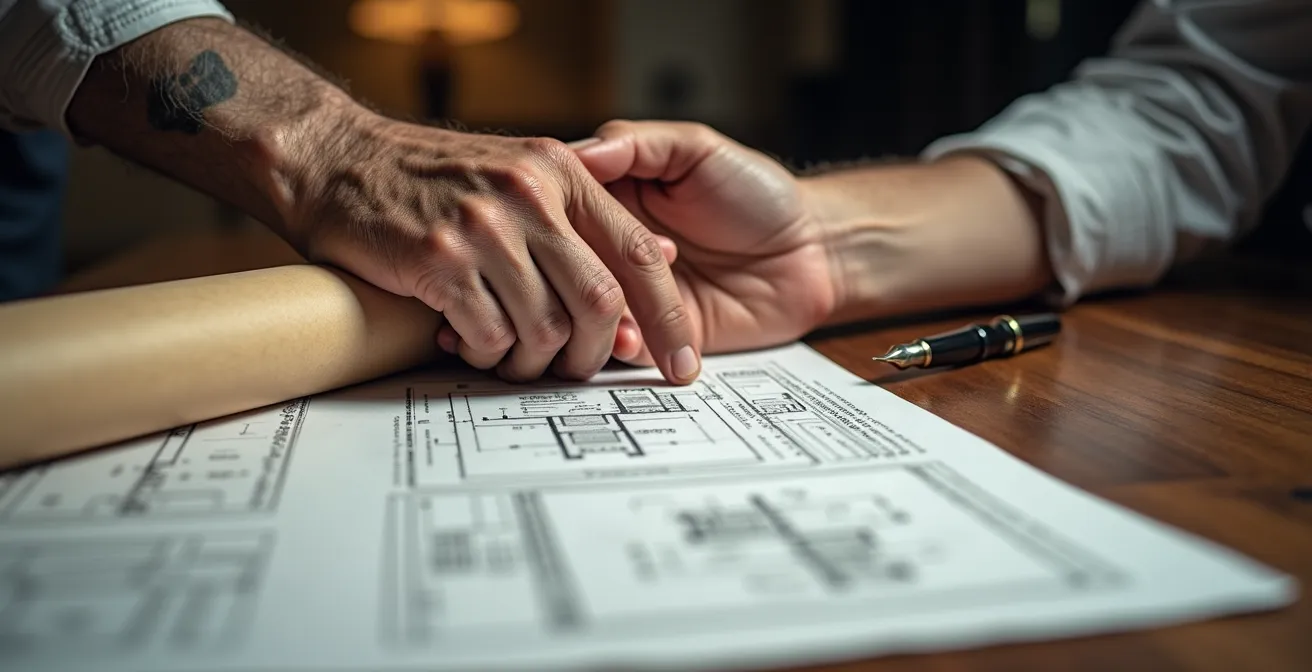 Mains de propriétaire foncier et développeur échangeant des documents contractuels sur une table en bois avec plans de projet solaire