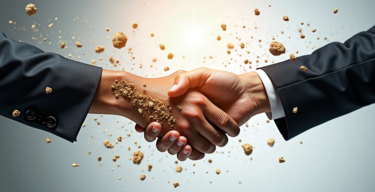 Deux mains d'affaires se serrant au-dessus d'un flux de matières industrielles abstraites avec des éléments de circuit numérique