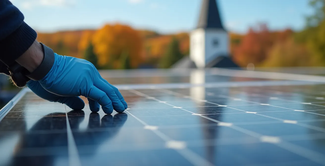 Technicien inspectant un panneau solaire sur le toit d'une école québécoise avec vue sur les montagnes laurentiennes