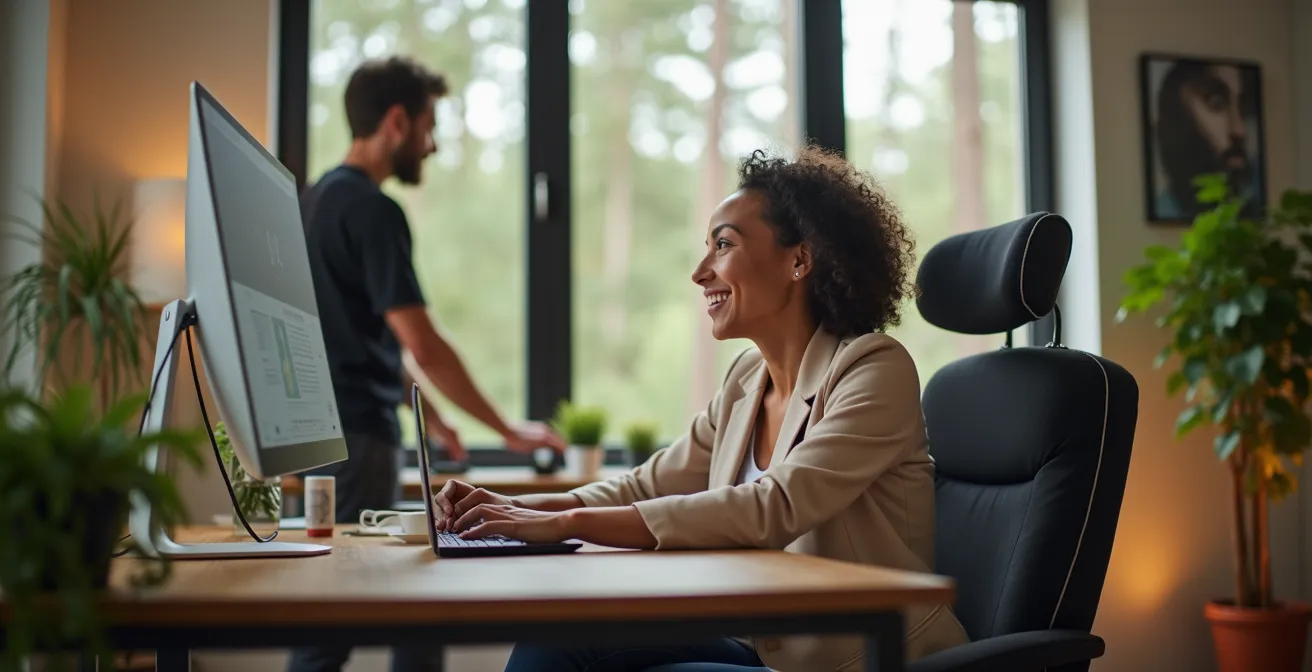 Couple travaillant ensemble dans un bureau à domicile moderne avec vue sur la forêt boréale