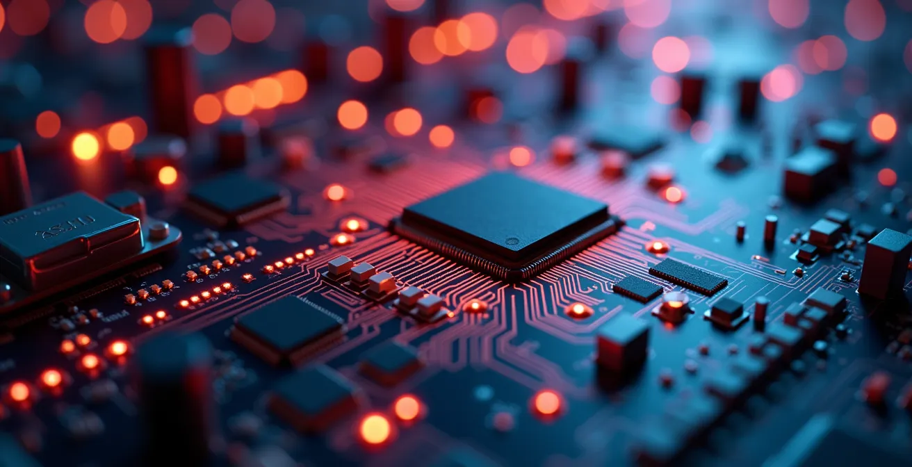 Vue macro d'un circuit électronique avec des éléments de sécurité lumineux symbolisant la protection