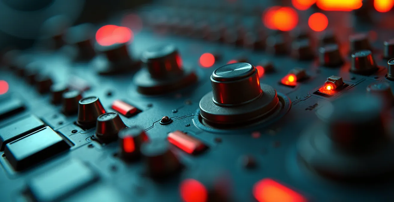 Salle de contrôle industrielle avec multiples écrans de supervision et systèmes de sécurité isolés