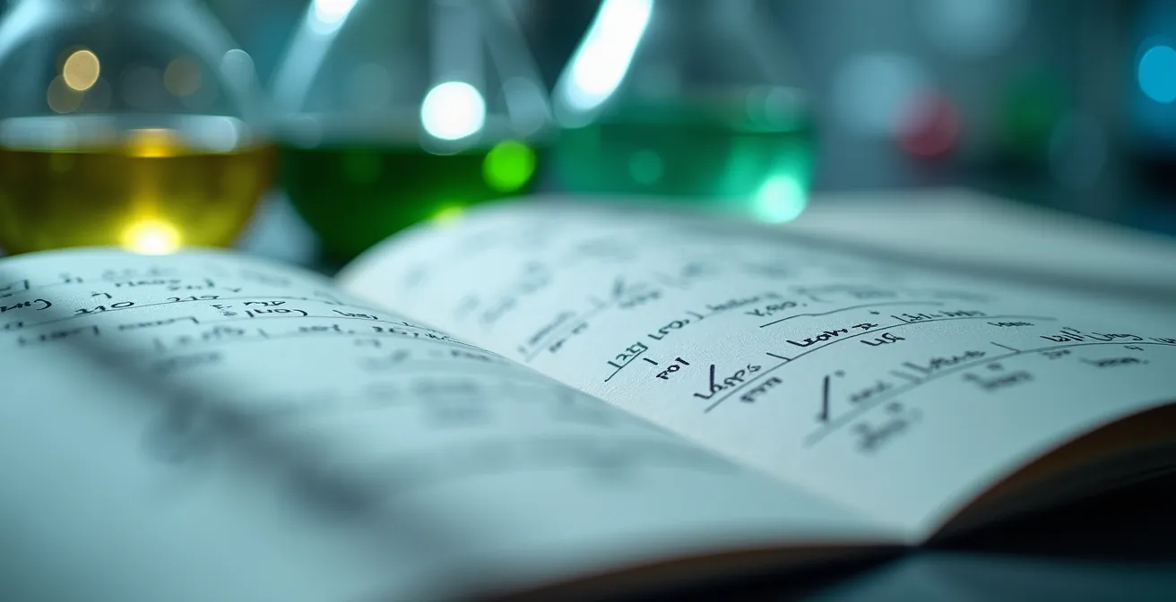 Vue macro de documents de recherche avec équations floues sur un bureau de laboratoire.