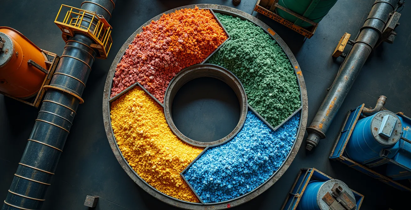 Vue symétrique d'une installation de tri et recyclage moderne avec flux de matériaux colorés créant des patterns circulaires