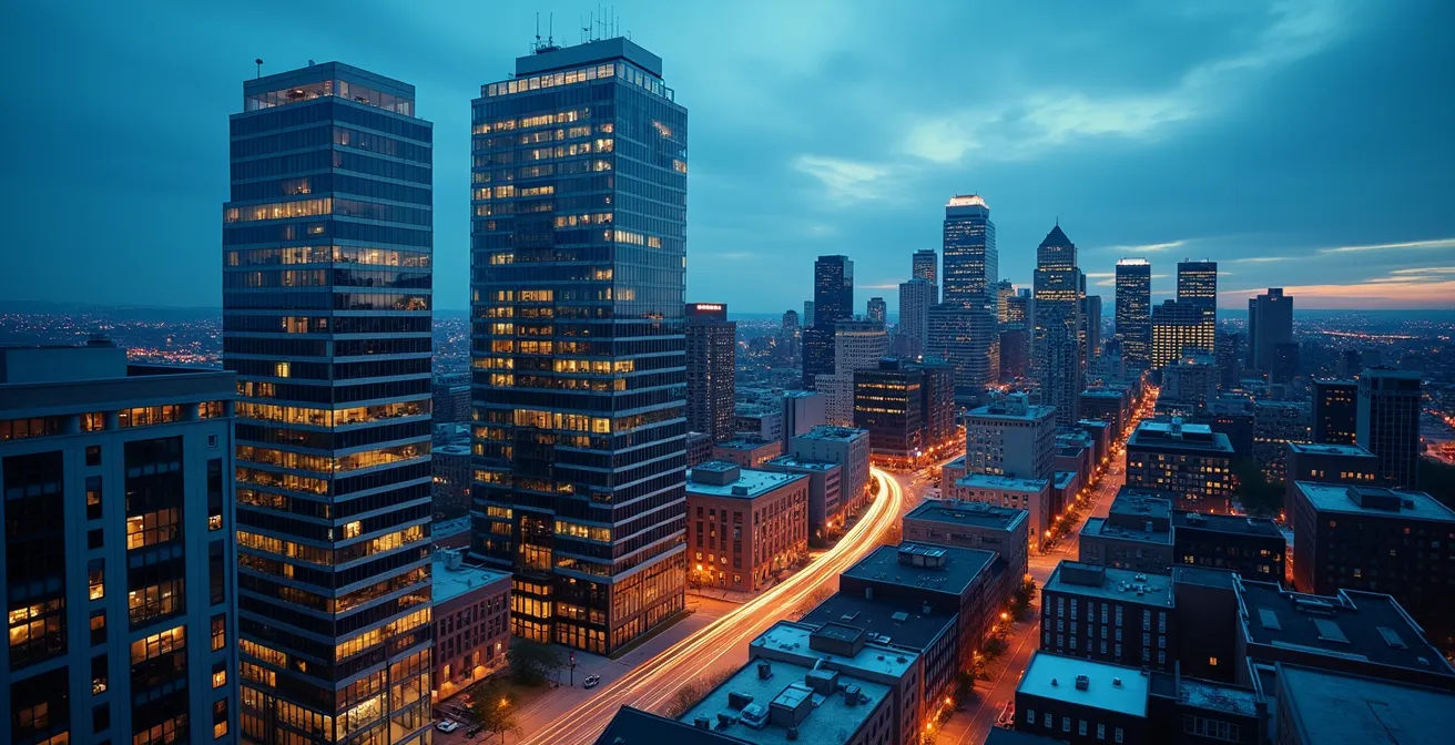 Vue aérienne du quartier technologique de Montréal avec interconnexions lumineuses entre bâtiments