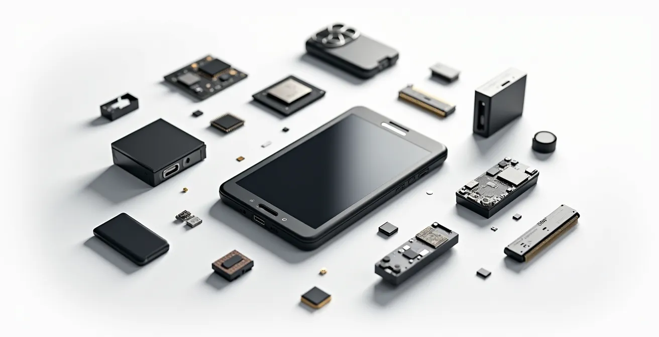 Vue minimaliste d'un appareil électronique démonté montrant ses composants modulaires facilement remplaçables