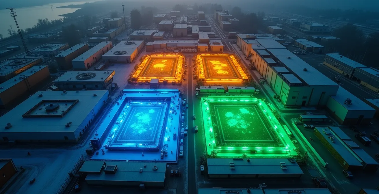 Vue aérienne d'un complexe industriel québécois avec différentes zones colorées représentant les scopes d'émissions