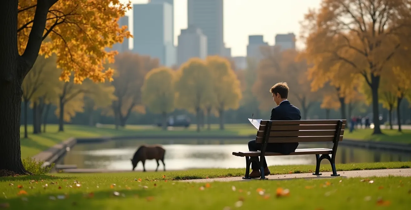 Employé profitant de son troisième jour de repos dans un parc urbain canadien