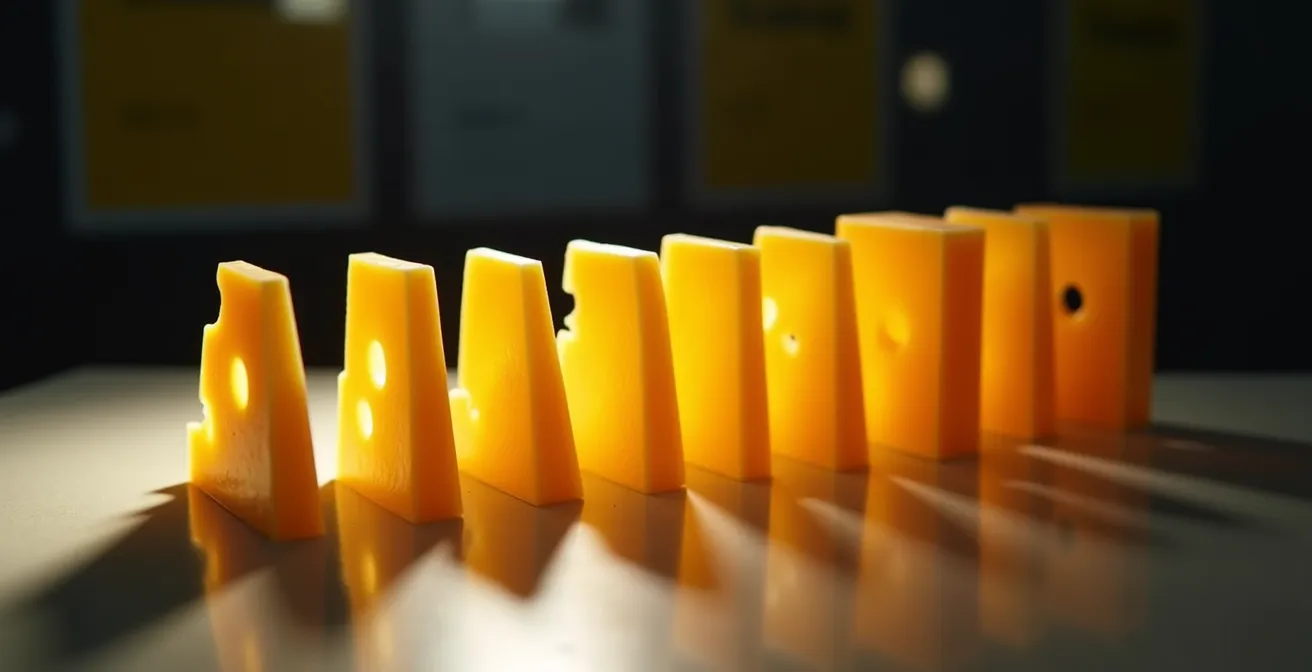 Représentation visuelle métaphorique du modèle du fromage suisse avec plusieurs couches de protection alignées montrant les failles systémiques