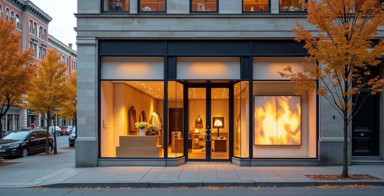 Vitrine de commerce québécois avec affichage commercial conforme, prédominance visuelle du français