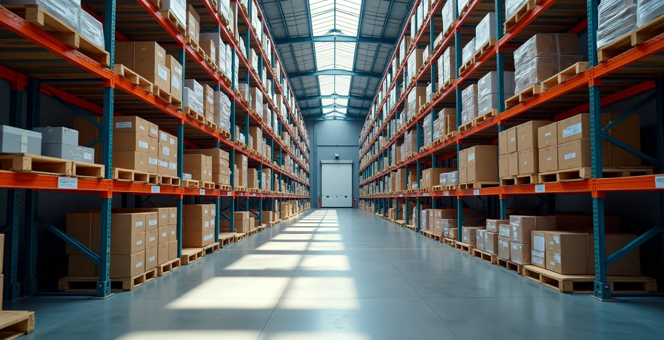 Vue aérienne d'un entrepôt moderne avec système de gestion des stocks optimisé par IA