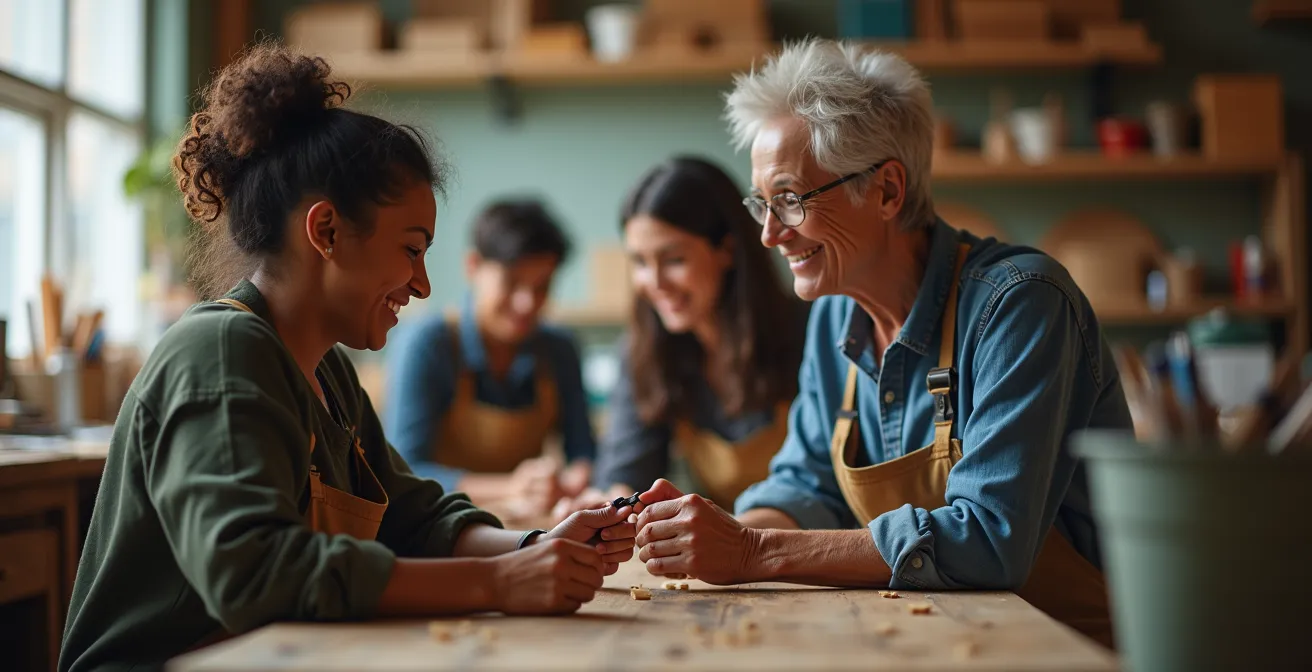 Groupe diversifié de travailleurs d'une entreprise d'insertion sociale partageant un moment convivial dans un atelier lumineux