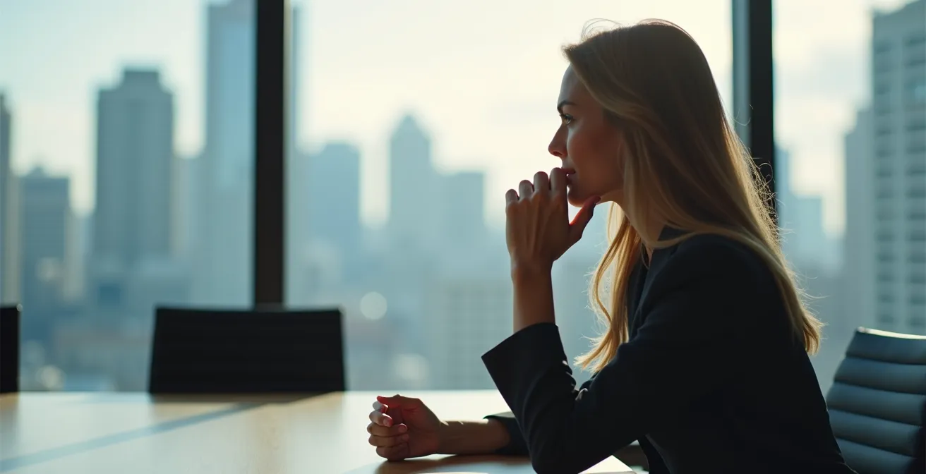 Portrait d'une administratrice en réflexion dans un environnement professionnel