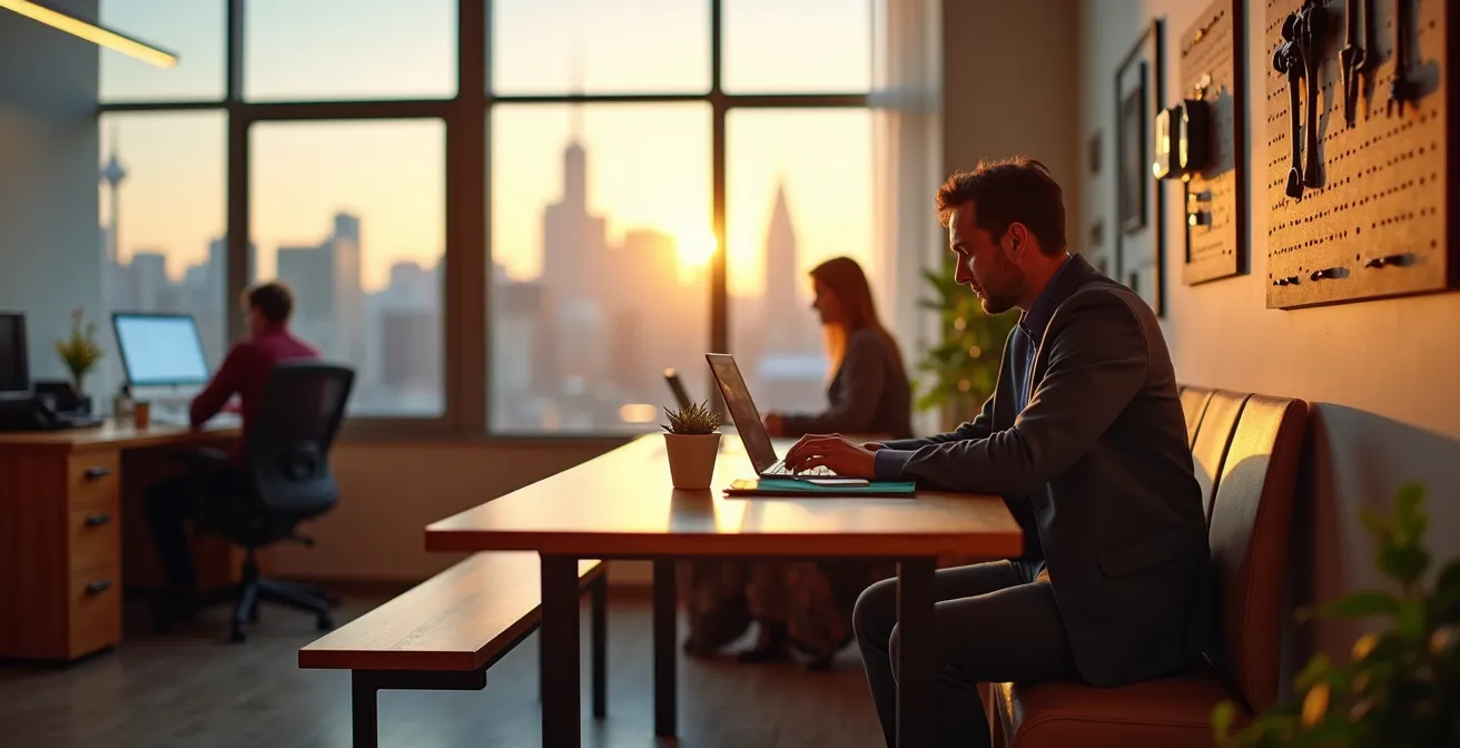 Vue large d'un espace de travail hybride montrant différents styles de travail