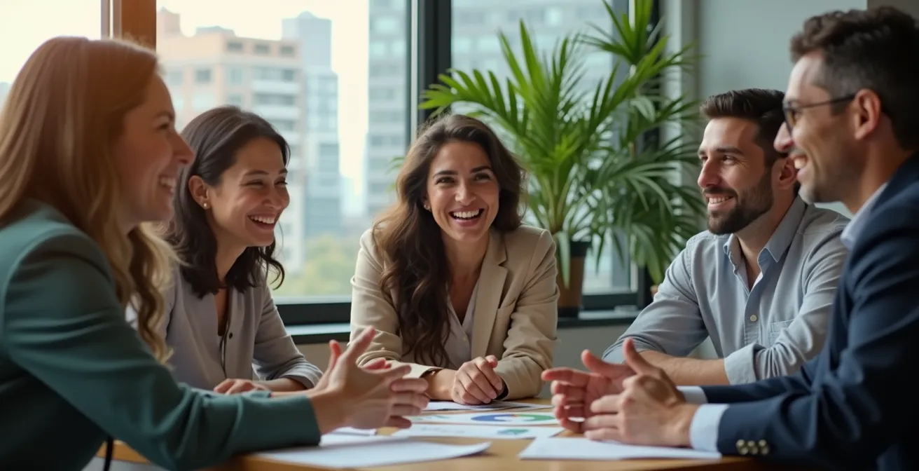 Employés collaborant autour d'un projet environnemental dans un espace de travail moderne