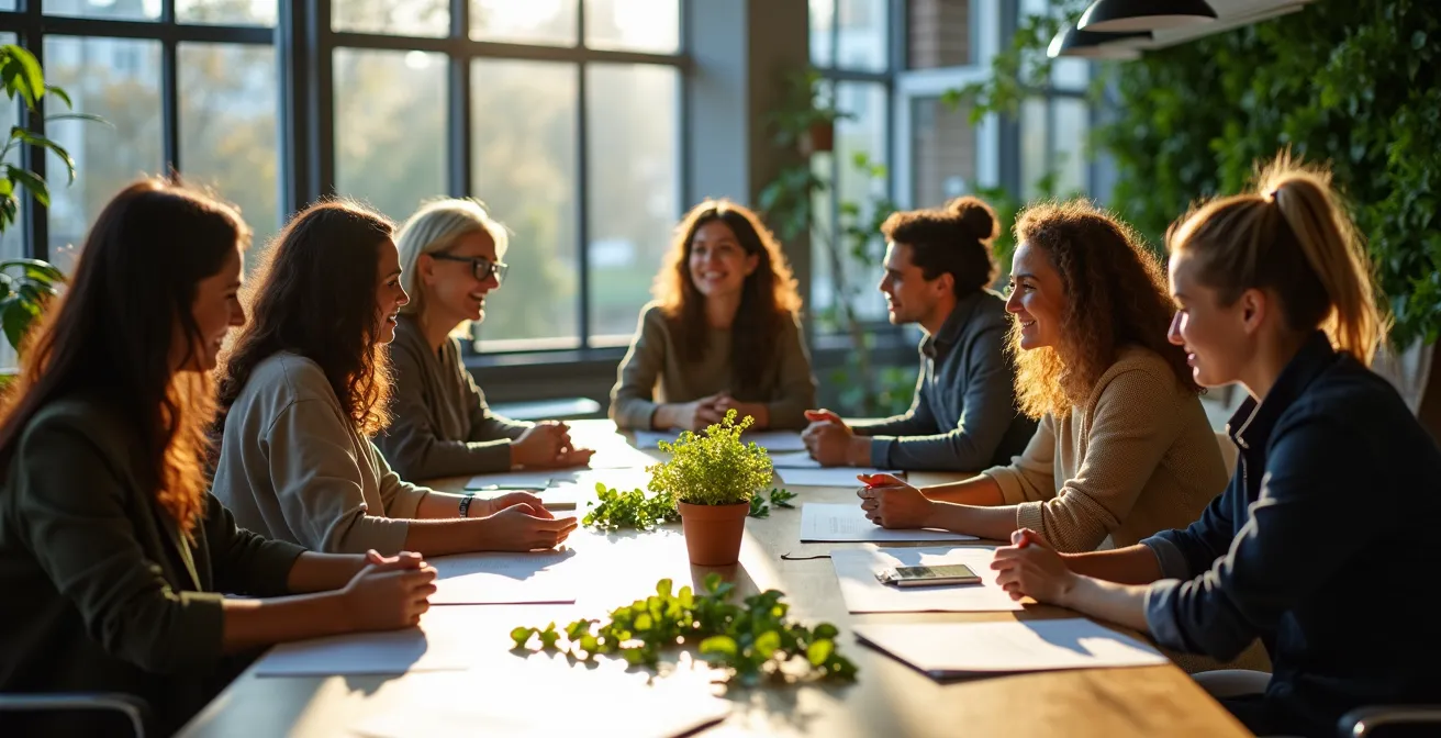 Équipe multigénérationnelle en réunion autour d'une table avec des échantillons de matériaux écologiques