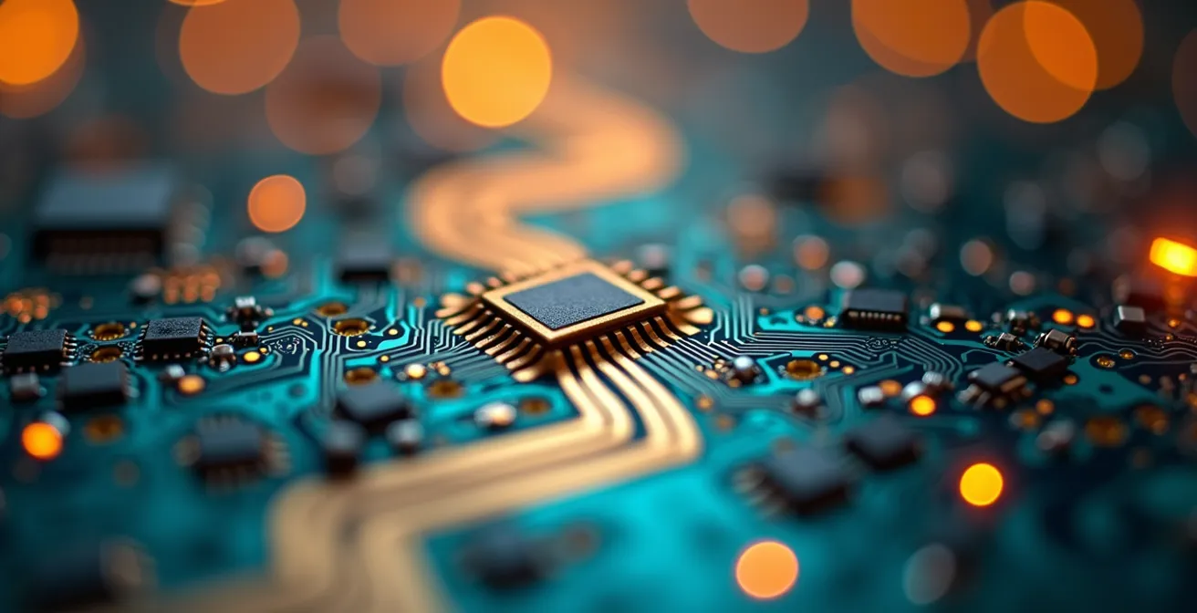 Vue macro d'une surface de circuit imprimé avec reflets lumineux symbolisant l'analyse de données