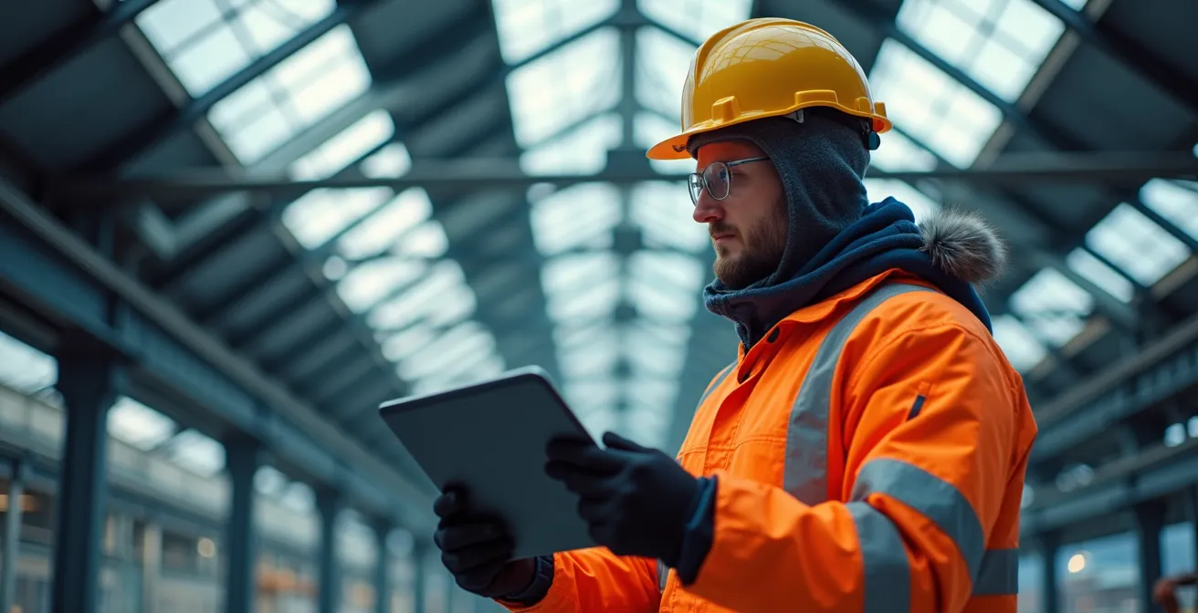 Ingénieur inspectant la structure métallique d'un toit industriel avec échelle de charge visible