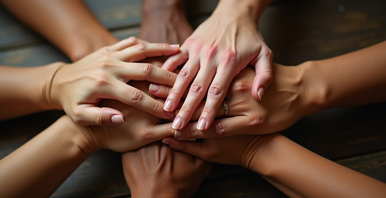 Gros plan macro sur des mains diverses empilées en signe de collaboration et solidarité entrepreneuriale