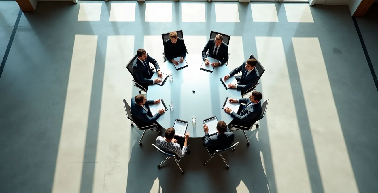 Vue aérienne d'une table ronde de discussion entre investisseurs et entrepreneurs diversifiés dans un bureau montréalais