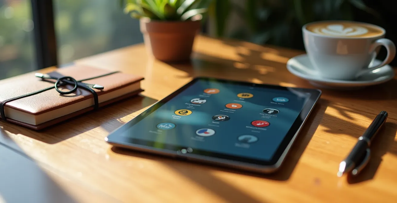 Gros plan sur un bureau avec certificats numériques et badges de compétences affichés sur tablette