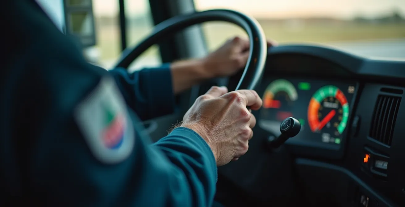 Gros plan sur les mains d'un chauffeur sur le volant d'un camion moderne avec tableau de bord numérique
