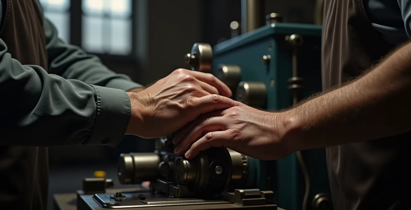 Session de formation interne dans un atelier avec un employé senior transmettant son savoir à de jeunes apprentis