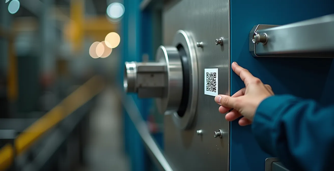 Travailleur scannant un code QR sur une machine dans un entrepôt canadien moderne