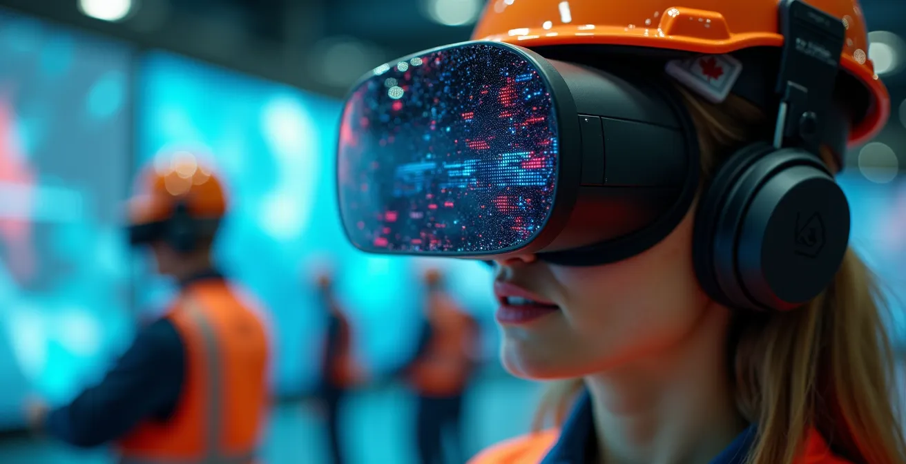 Technicien portant un casque de réalité virtuelle dans un centre de formation industriel québécois moderne