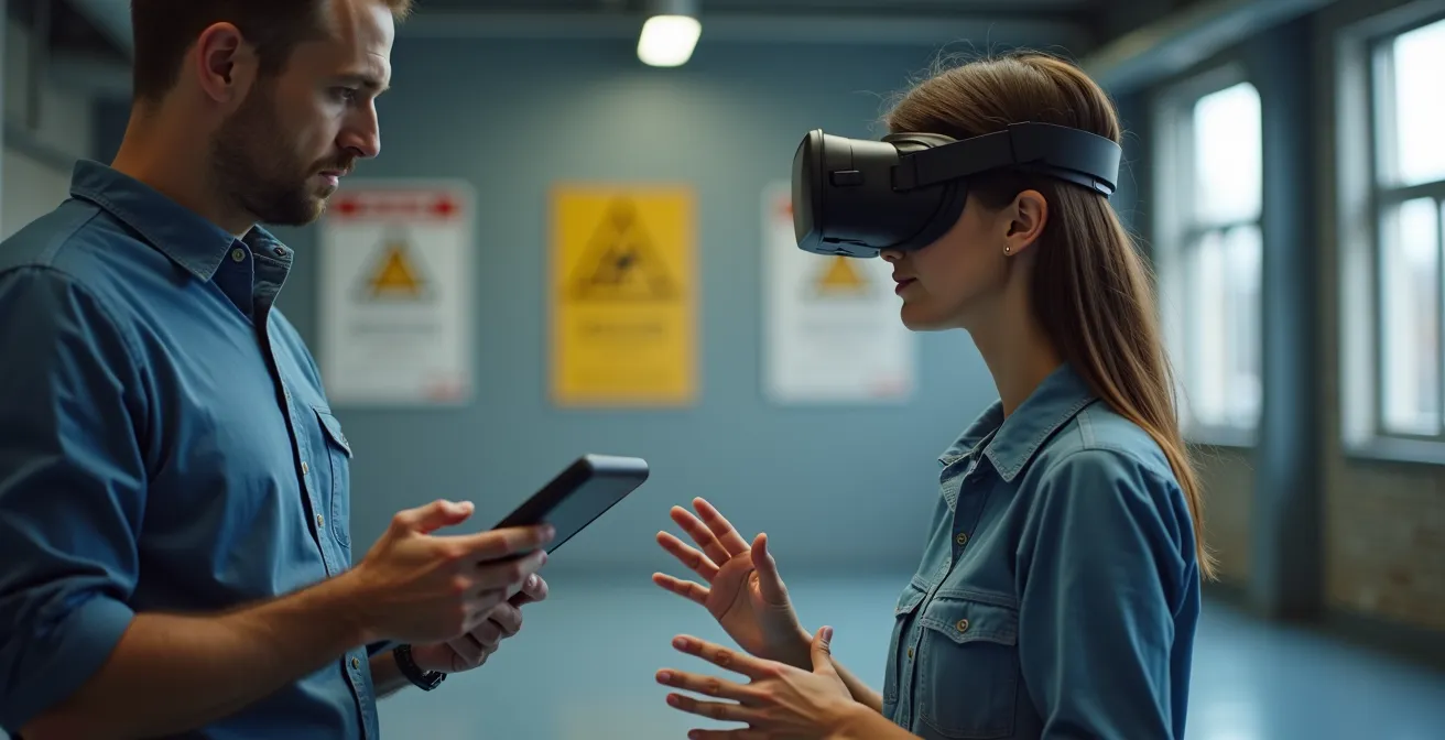 Formateur observant un employé utilisant un casque de réalité virtuelle pour s'entraîner aux procédures de sécurité