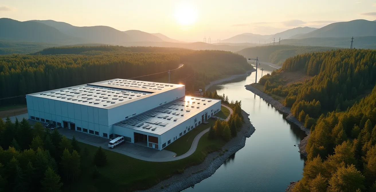 Vue aérienne d'un complexe industriel moderne alimenté par l'hydroélectricité avec barrage en arrière-plan dans le paysage québécois