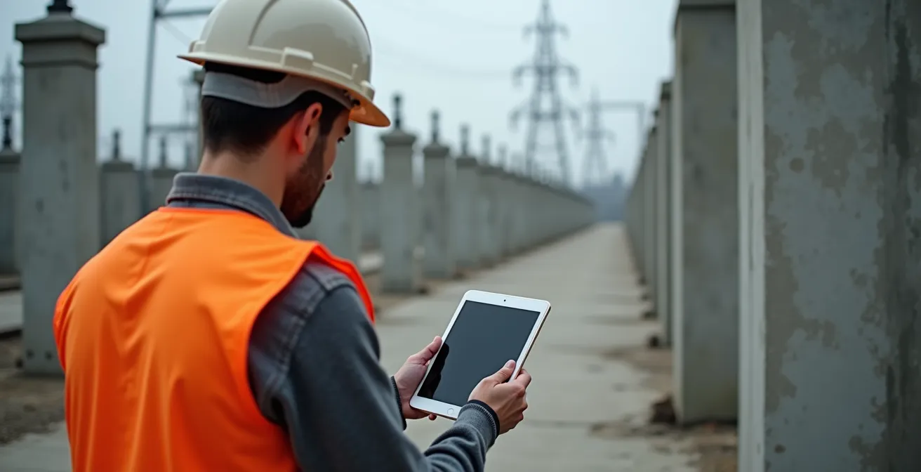 Technicien utilisant une tablette pour l'inspection assistée par IA d'infrastructures