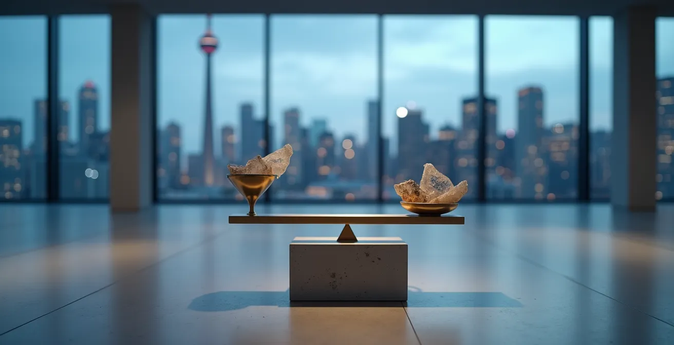 Balance déséquilibrée symbolisant l'impact des taux sur la valeur d'entreprise avec skyline canadien