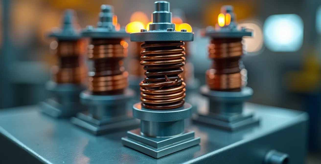 Gros plan sur un transformateur électrique industriel moderne avec câblage haute tension