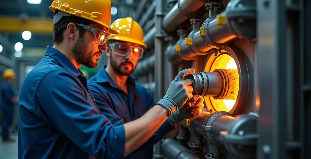 Installation de brûleurs à hydrogène dans une cimenterie canadienne avec ouvriers spécialisés et équipements de sécurité