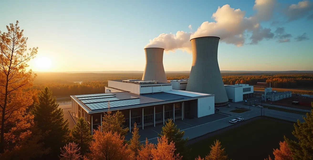 Usine moderne québécoise avec cheminées émettant de la vapeur d'eau pure sur fond de forêt boréale