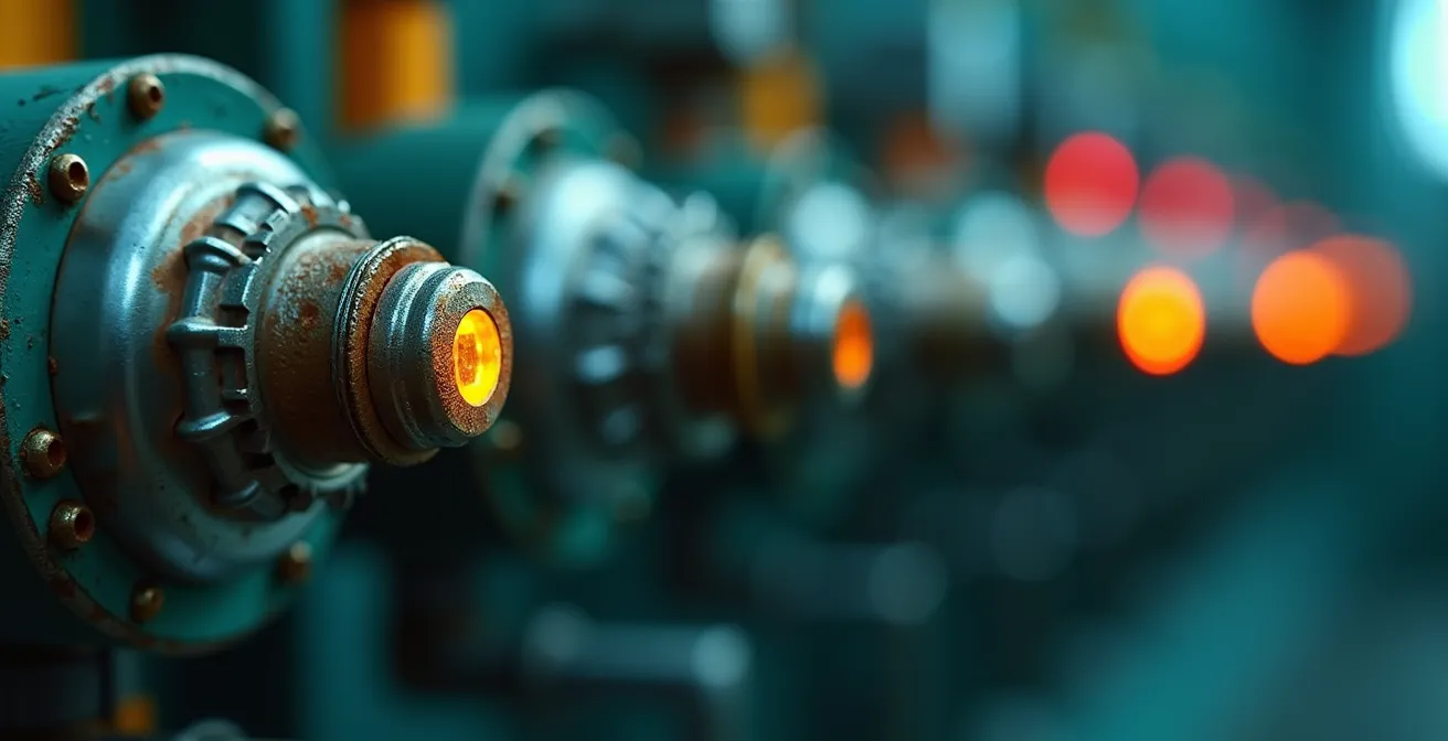 Vue macro de capteurs IoT industriels mesurant la consommation énergétique sur des équipements