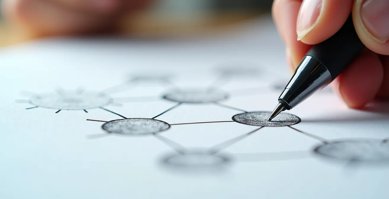 Vue macro d'une main dessinant des connexions entre différentes compétences sur une surface de travail