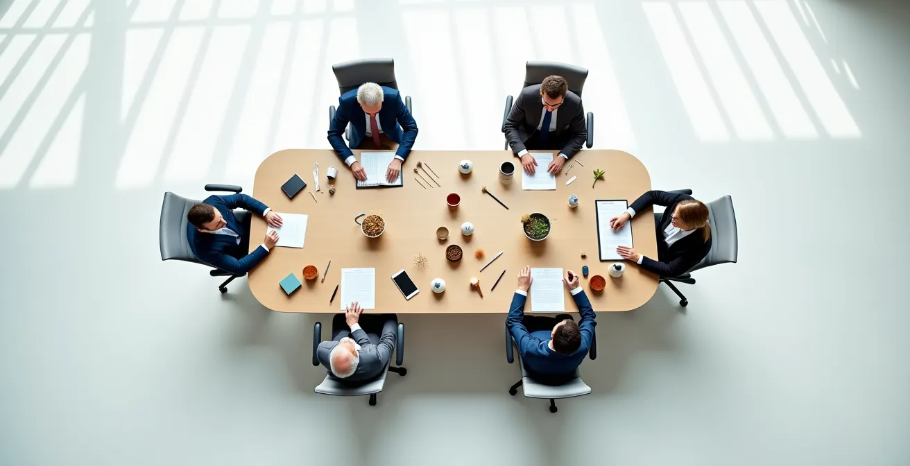 Vue aérienne d'une table de réunion avec personnes de profils variés créant un kaléidoscope de perspectives
