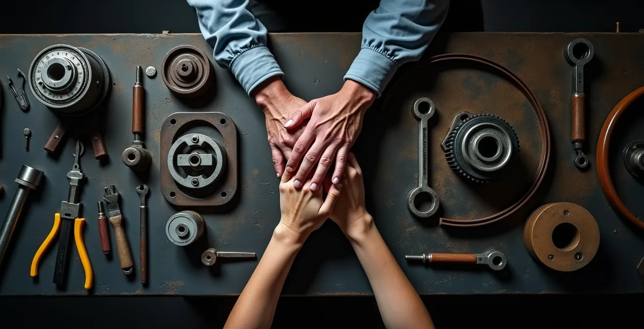 Mentorat croisé entre un employé senior et un nouveau recruté en reconversion dans un environnement industriel