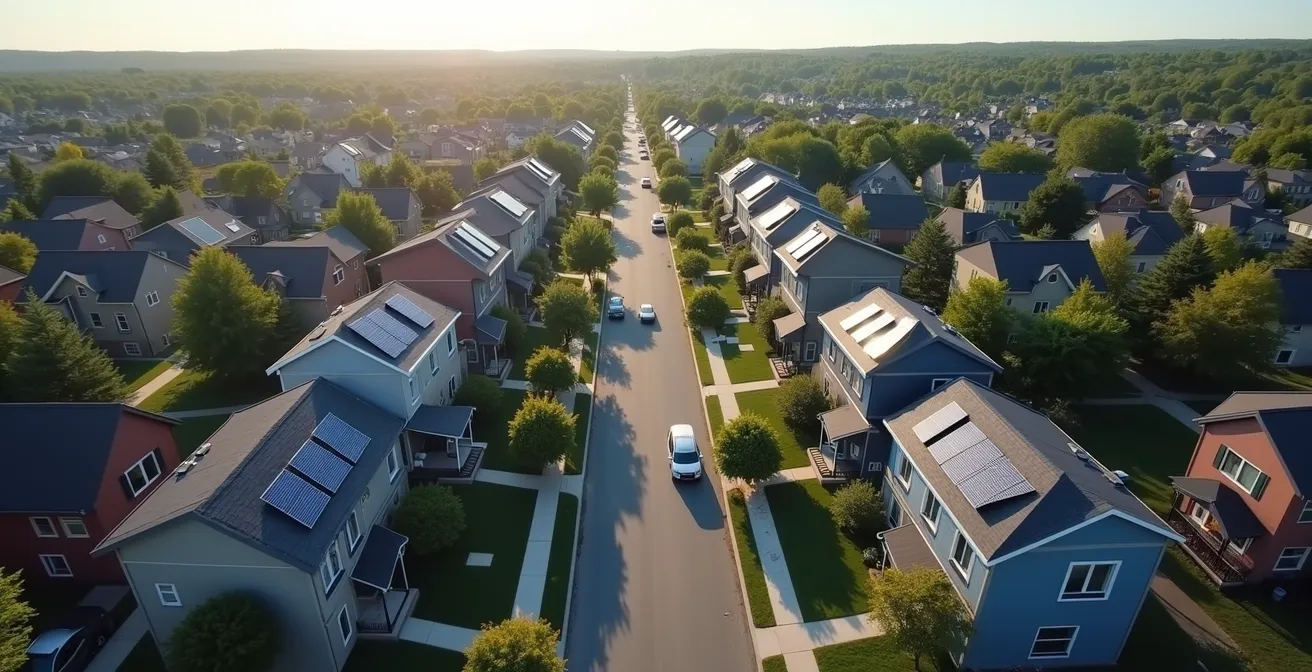 Vue aérienne d'un quartier avec panneaux solaires interconnectés sur plusieurs toits