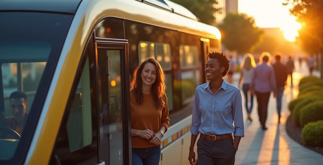 Employés montant dans une navette d'entreprise électrique moderne