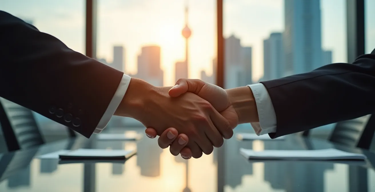 Poignée de main professionnelle avec vue sur la skyline de Toronto en arrière-plan