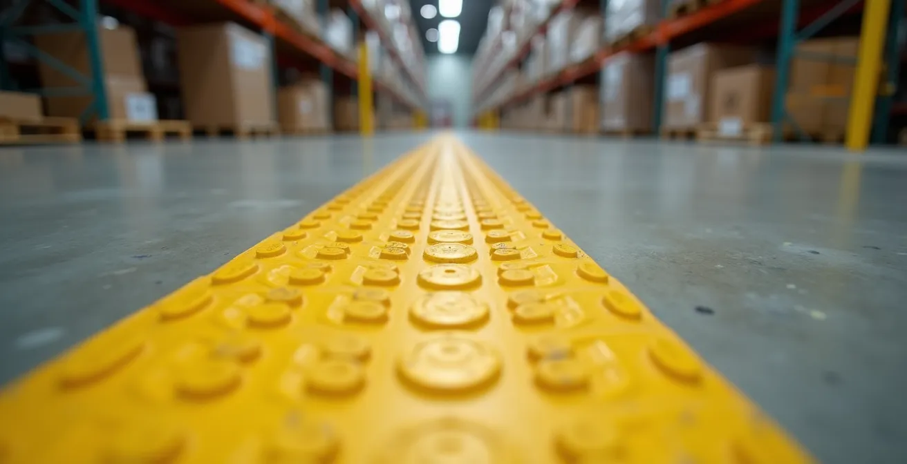 Vue macro de marquages au sol colorés créant un chemin visuel vers une zone de sécurité dans un entrepôt