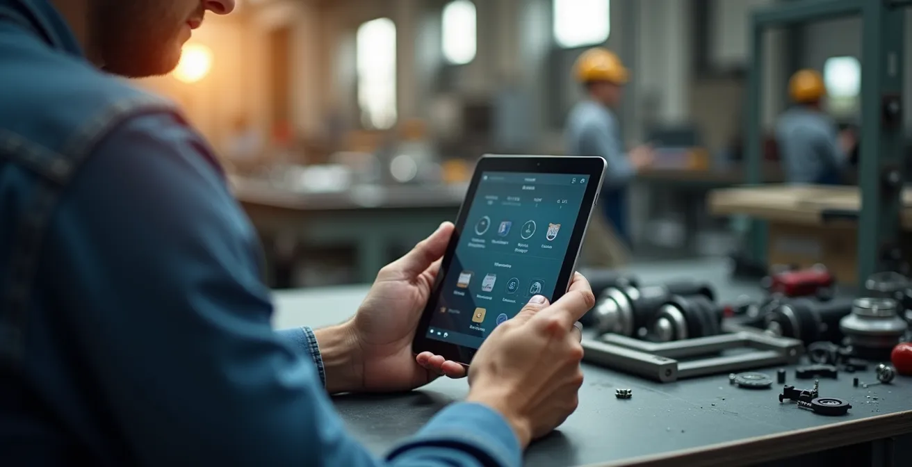 Opérateur utilisant une tablette avec réalité augmentée pour l'assemblage guidé