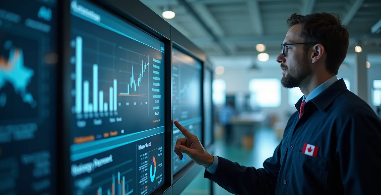 Opérateur manufacturier analysant des indicateurs de performance sur tableau de bord visuel