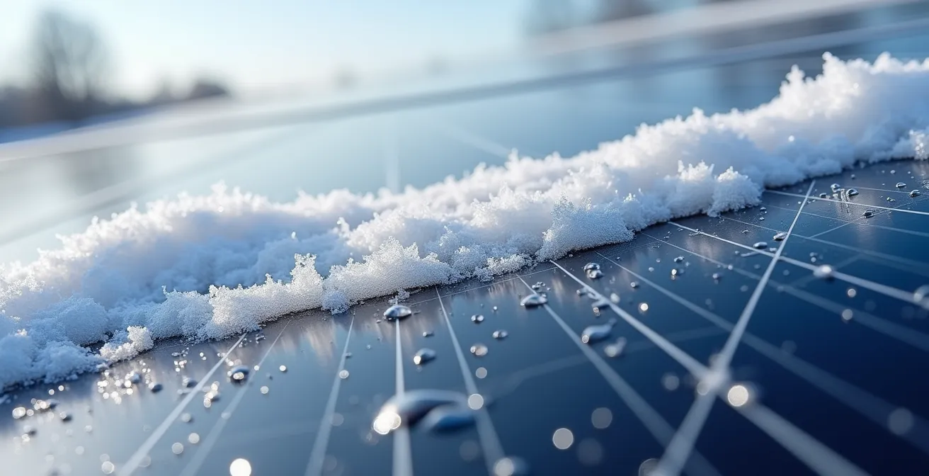 Gros plan sur des panneaux solaires avec neige glissant naturellement le long de la surface inclinée